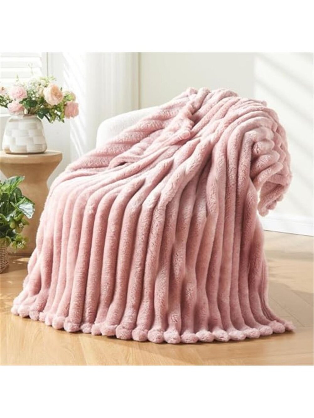 Pink Throw Blanket Soft Fleece Ribbed Flannel Lightweight Cozy Bed Blanket 50x60